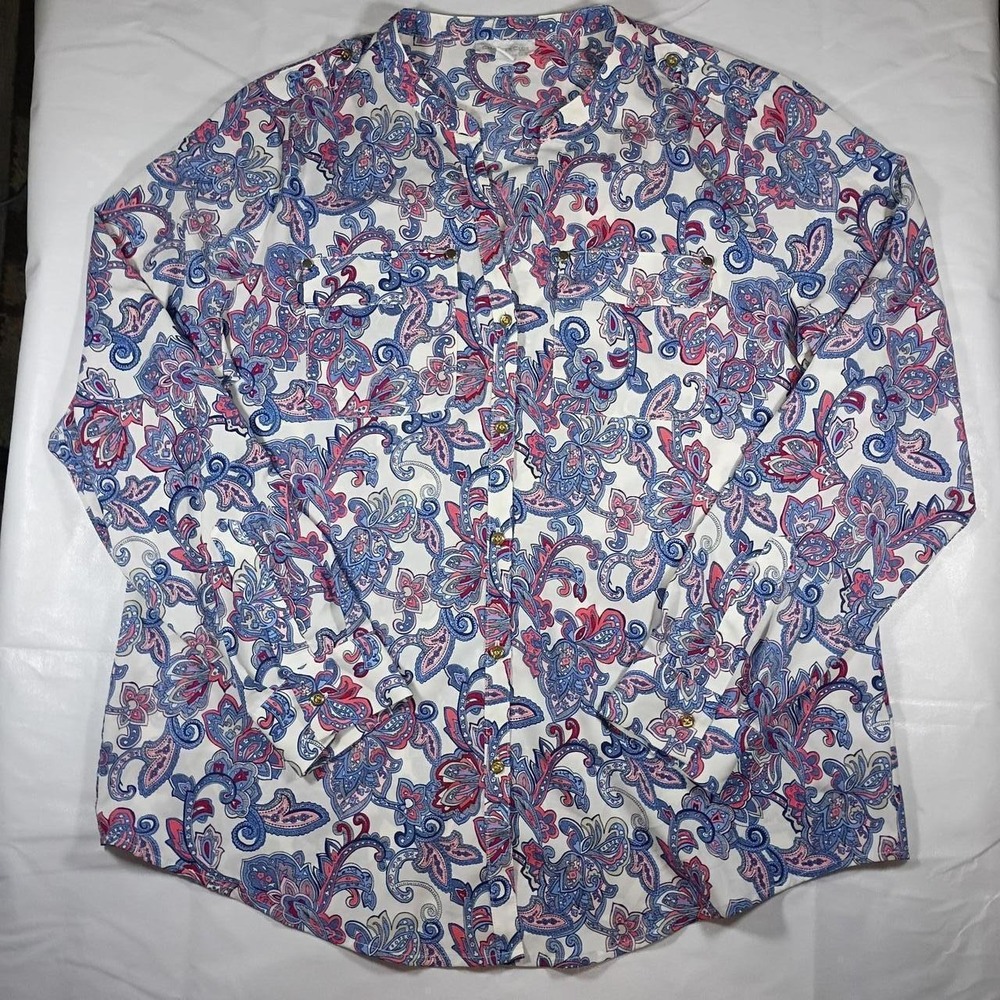 Vintage 70's style paisley blouse. Charter Club white, blue, and red paisley